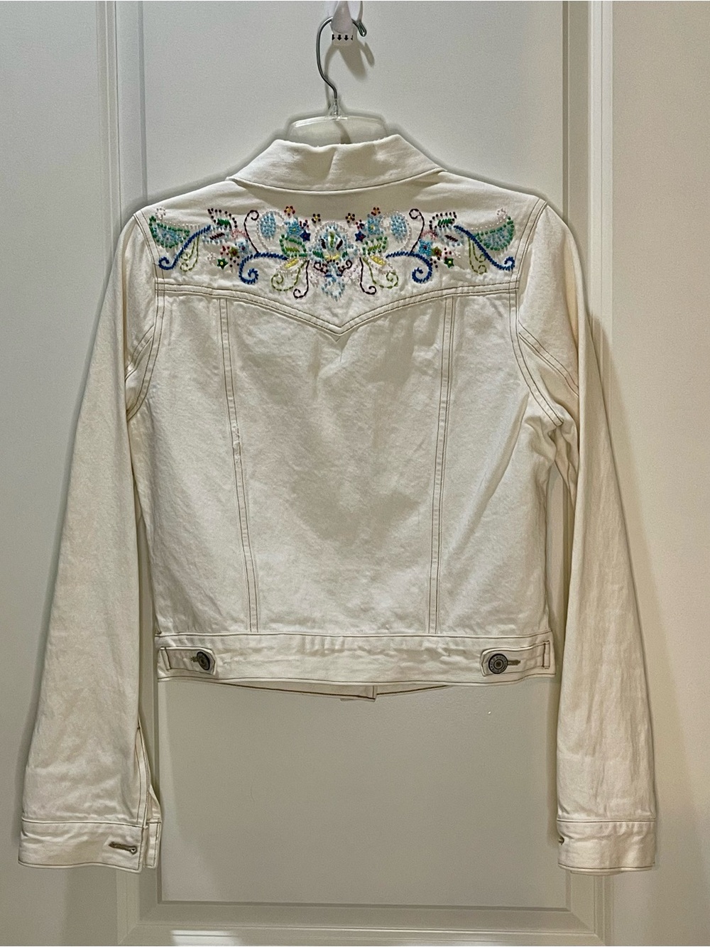 Off White Denim Jacket with Multicolor Floral Beaded Embroidery M